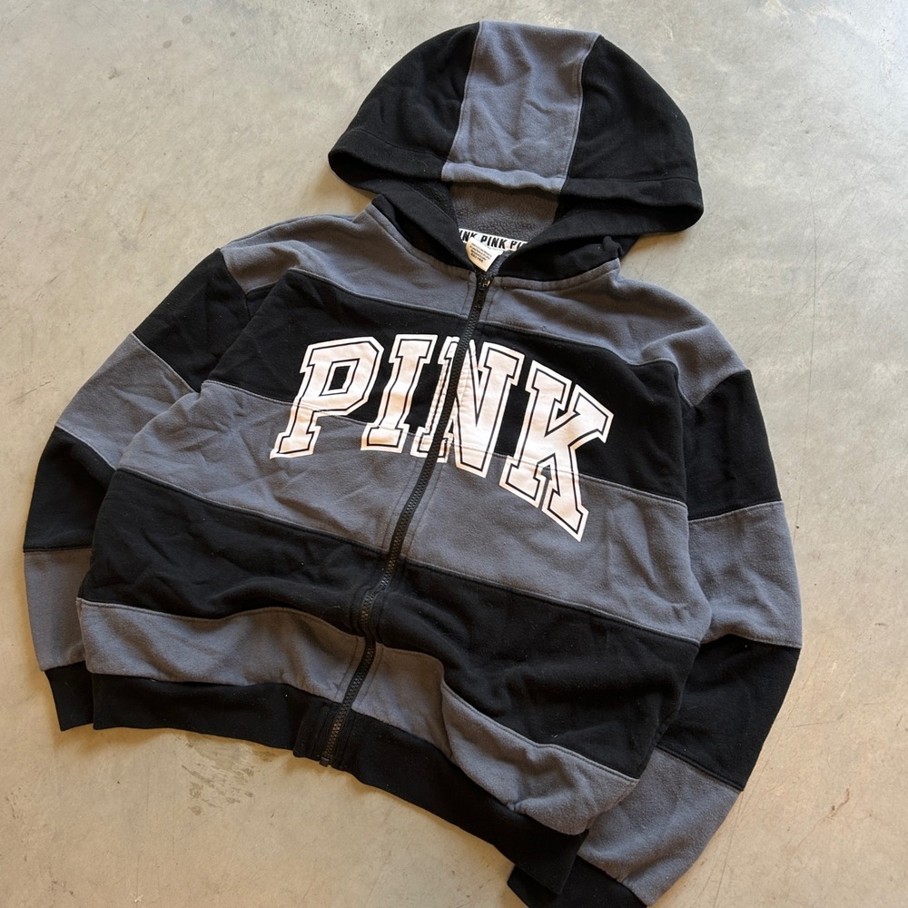 Victoria's Secret PINK Zip Up Hoodie Black Grey Striped Logo Sweatshirt Medium